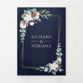 Rustic Gold Cotton Eucalyptus QR Code Navy Weddens Drieluik Uitnodiging (Cover)