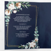 Rustic Gold Cotton Eucalyptus QR Code Navy Weddens Drieluik Uitnodiging (Binnenzijde eerst)
