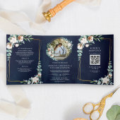 Rustic Gold Cotton Eucalyptus QR Code Navy Weddens Drieluik Uitnodiging