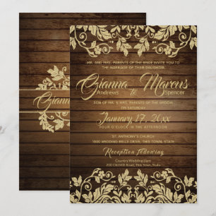 Rustic Gold Damask en Barn Wood Wedding Kaart