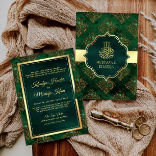 Rustic Gold Emerald Green Damask Muslim Wedding Kaart