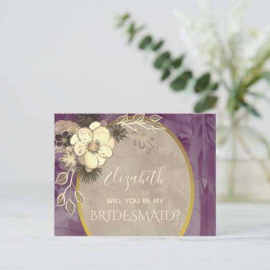 Rustic Gold en Paarse bruidsmeisje voorstel Briefkaart (Staand voorkant)