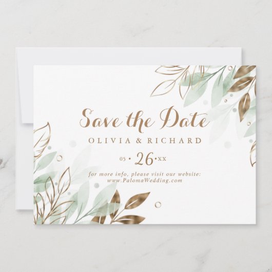 Rustic Gold Eucalyptus Modern Calligraphy Wedding Save The Date (Voorkant)