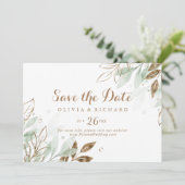 Rustic Gold Eucalyptus Modern Calligraphy Wedding Save The Date (Staand voorkant)