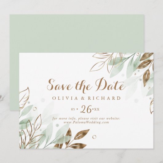 Rustic Gold Eucalyptus Modern Calligraphy Wedding Save The Date (Voorkant / Achterkant)