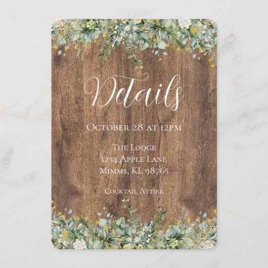 Rustic Gold Eucalyptus & White Floral Wedding Informatiekaartje (Voorkant)
