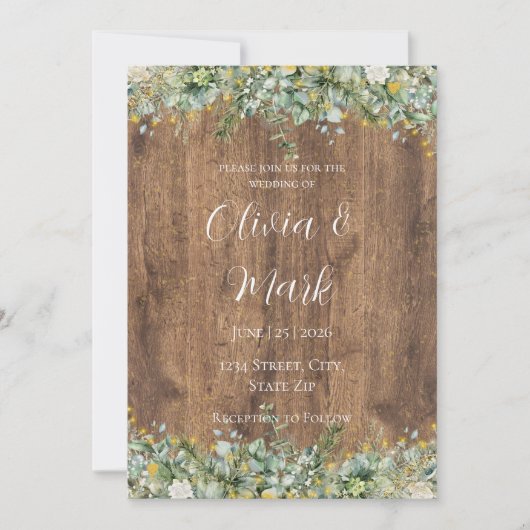 Rustic Gold Eucalyptus & White Floral Wood Wedding Kaart (Voorkant)
