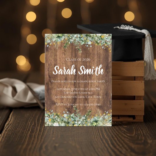 Rustic Gold Eucalyptus & Witte Bloemige Houten Gra Kaart