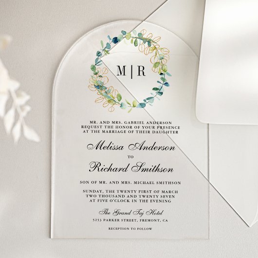 Rustic Gold Eucalyptus Wreath Wedding Acryl Uitnodigingen