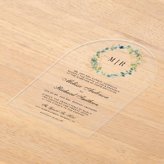 Rustic Gold Eucalyptus Wreath Wedding Acryl Uitnodigingen (Laagn)