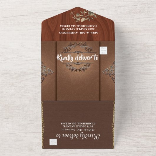 Rustic Gold Floral Wedding All in One Uitnodiging (Buitenkant)