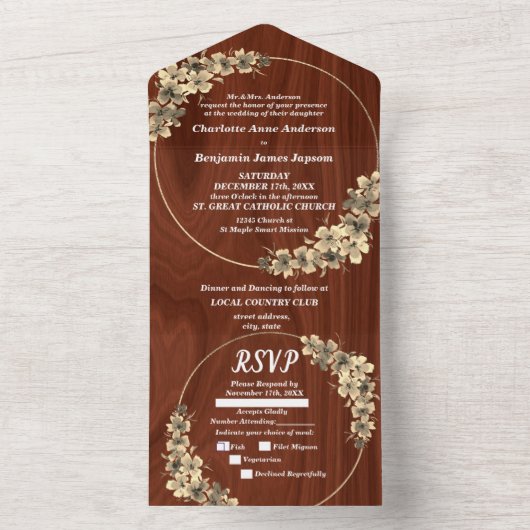 Rustic Gold Floral Wedding All in One Uitnodiging (Binnen)