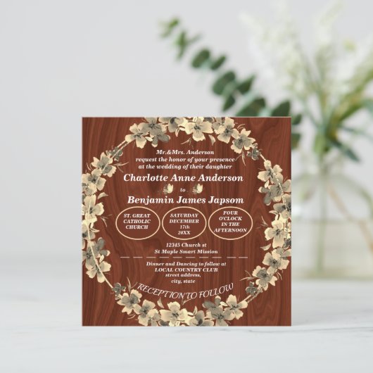 Rustic Gold Floral Wedding Kaart (Staand voorkant)