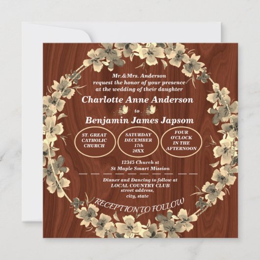 Rustic Gold Floral Wedding Kaart (Voorkant)