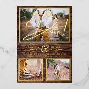 Rustic GOLD FOIL Foto Collage Wood Save the Date Folie Uitnodiging