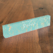 Rustic Gold Foil Pattern Monogrammen Turquoise Blu Naambordje (Zijkant)
