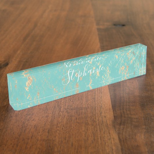 Rustic Gold Foil Pattern Monogrammen Turquoise Blu Naambordje (Zijkant)