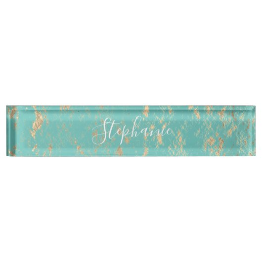 Rustic Gold Foil Pattern Monogrammen Turquoise Blu Naambordje (Voorkant)