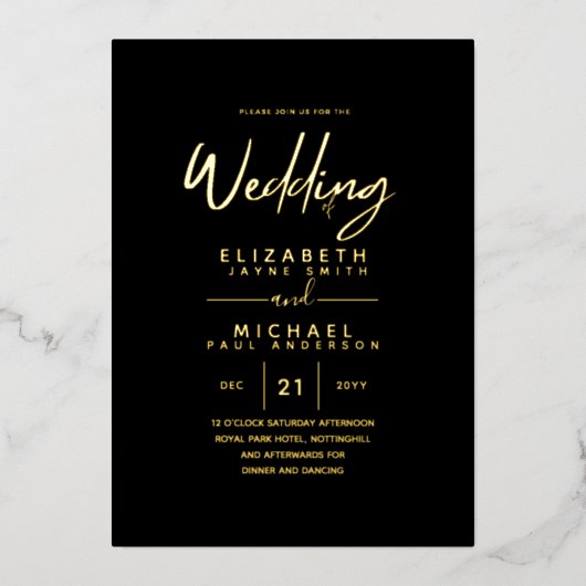 Rustic GOLD FOIL Text Black Wedding Elegant Folie Uitnodiging (Voorkant)