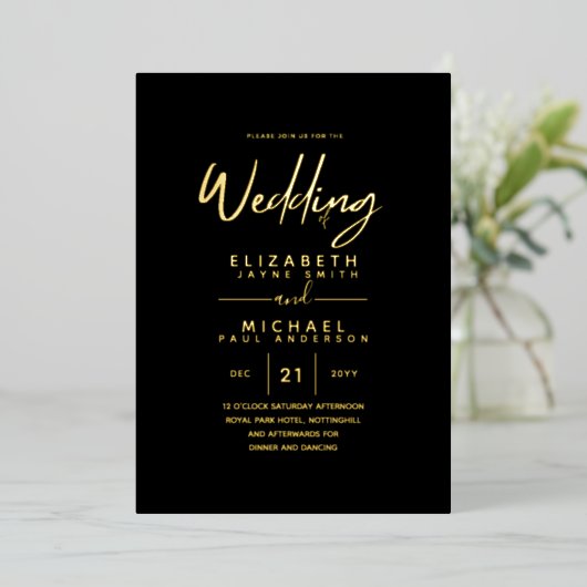 Rustic GOLD FOIL Text Black Wedding Elegant Folie Uitnodiging (Staand Voorkant)