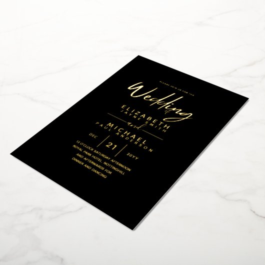 Rustic GOLD FOIL Text Black Wedding Elegant Folie Uitnodiging (Gedraaid)