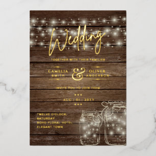 Rustic GOLD FOIL Text Mason Jars Lights Wedding Folie Uitnodiging