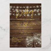 Rustic GOLD FOIL Text Mason Jars Lights Wedding Folie Uitnodiging (Voorkant)