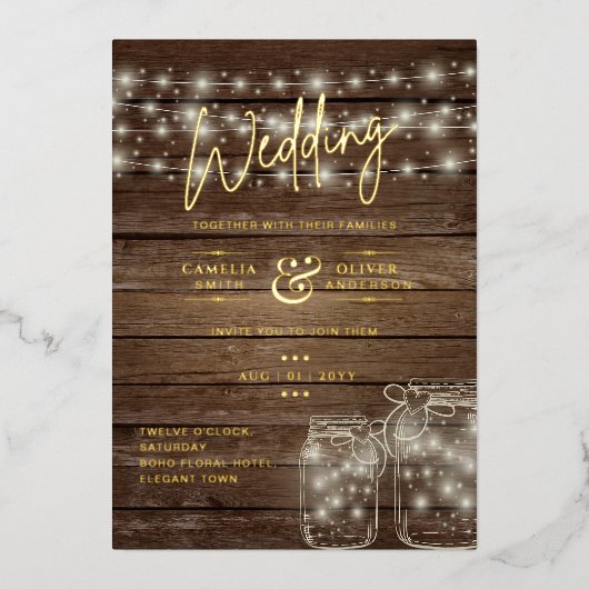 Rustic GOLD FOIL Text Mason Jars Lights Wedding Folie Uitnodiging (Voorkant)