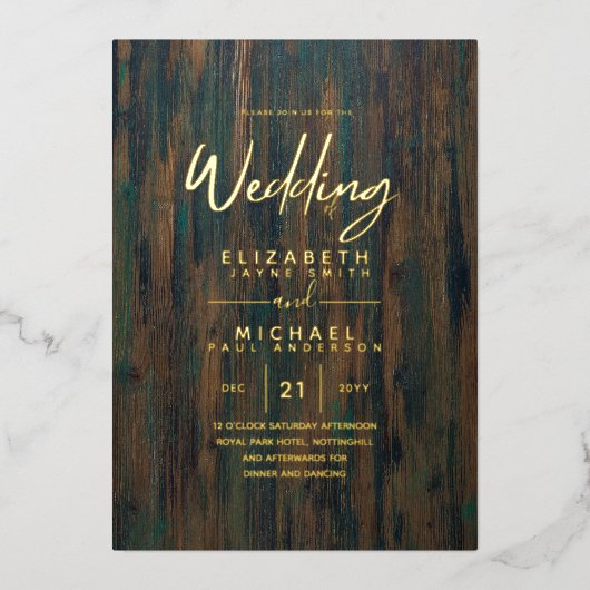 Rustic GOLD FOIL Text Wood Kijk Weddenschap Folie Uitnodiging (Voorkant)