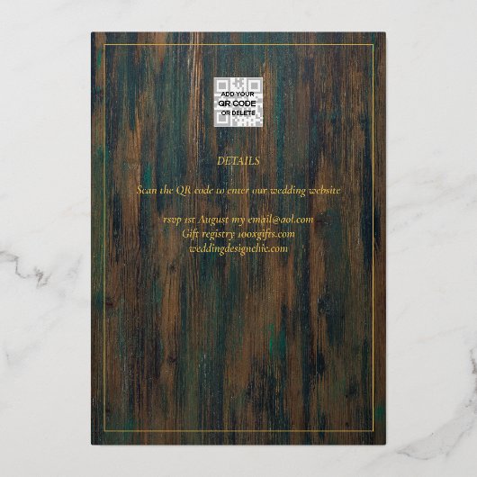 Rustic GOLD FOIL Text Wood Kijk Weddenschap Folie Uitnodiging (Achterkant)