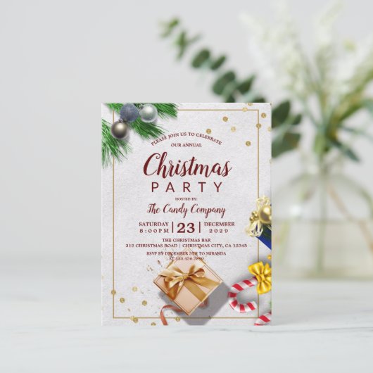 Rustic Gold Gift & Snoep Kerstfeest Uitnodiging (Staand voorkant)