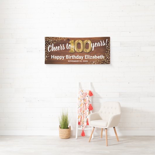 Rustic Gold Glitter 100th Birthday Spandoek (Insitu)