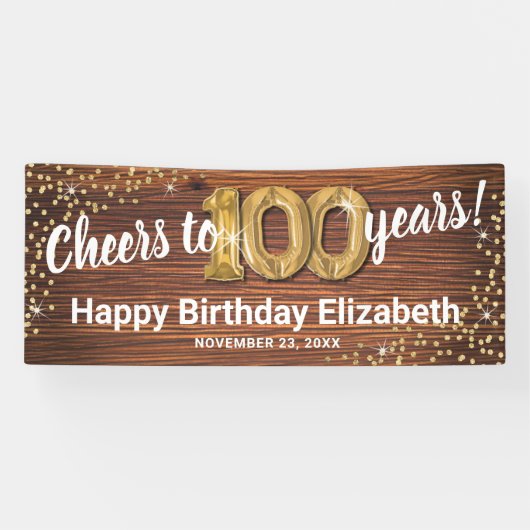 Rustic Gold Glitter 100th Birthday Spandoek (Horizontaal)