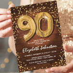 Rustic Gold Glitter 90th Birthday Kaart<br><div class="desc">Rustische verjaardagsfeestuitnodigingen met een rustige houten achtergrond,  goudglitter,  negentig gouden helliumballonnen,  en een moderne,  90ste verjaardagstekst-sjabloon die gemakkelijk te personaliseren is.</div>