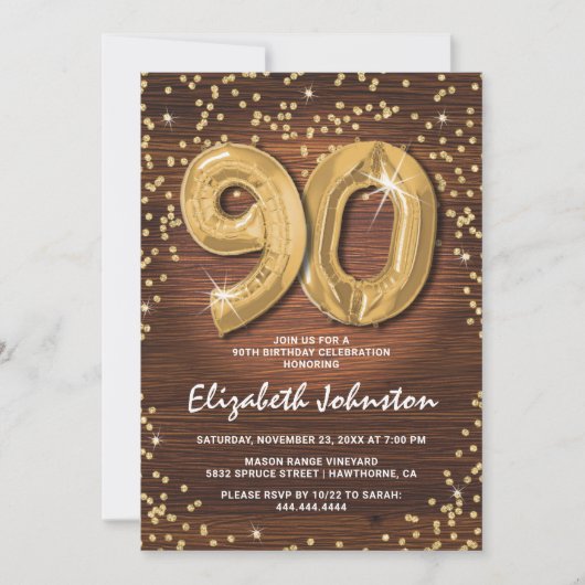 Rustic Gold Glitter 90th Birthday Kaart (Voorkant)
