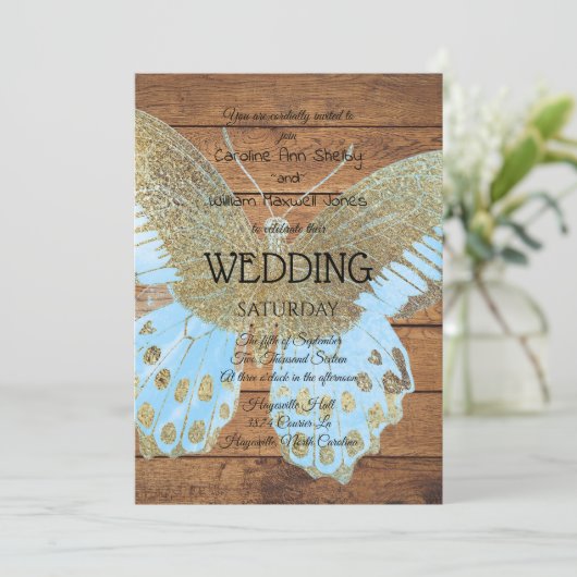 Rustic Gold Glitter Butterfly Uitnodiging voor het (Staand voorkant)