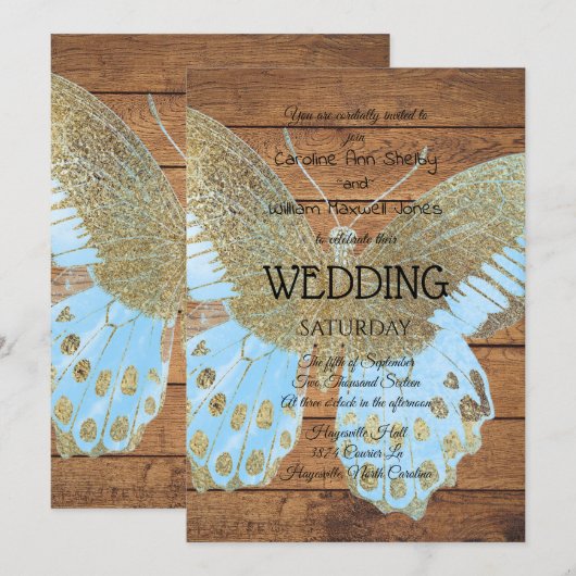 Rustic Gold Glitter Butterfly Uitnodiging voor het (Voorkant / Achterkant)