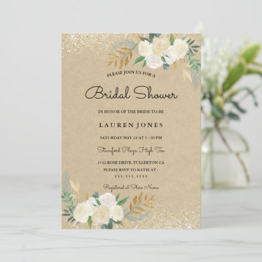 Rustic Gold Glitter Floral Vrijgezellenfeest Kaart (Staand voorkant)