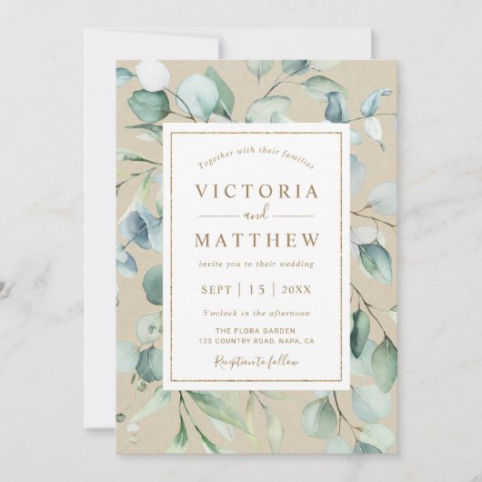 Rustic Gold Green Botanical Wedding Kaart (Voorkant)