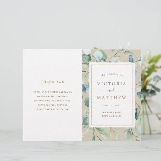 Rustic Gold Green Waterverf Wedding Programme (Staand voorkant)