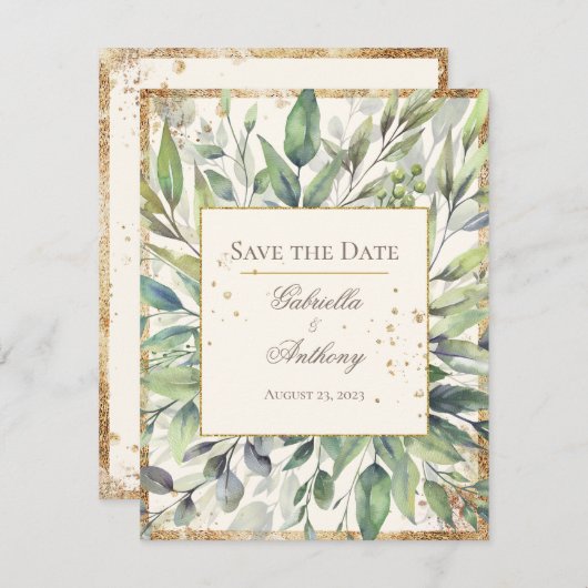 Rustic Gold Greenery Waterverf Save the Date (Voorkant / Achterkant)