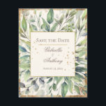 Rustic Gold Greenery Waterverf Save the Date<br><div class="desc">Elegant vintage rustic gold lijst en splotjes die op verschillende plaatsen op deze prachtige "Save the Date" zijn gestrooid met een verscheidenheid aan sage, olijfolie en eucalyptus, en gemengde bladeren. Wij hebben een mooi manuscript en een eenvoudige typografie gebruikt. Cream achtergrond. Pas aan zoals nodig. Als u de link "Verder...</div>