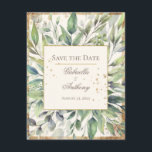 Rustic Gold Greenery Waterverf Save the Date<br><div class="desc">Elegant vintage rustic gold lijst en splotjes die op verschillende plaatsen op deze prachtige "Save the Date" zijn gestrooid met een verscheidenheid aan sage, olijfolie en eucalyptus, en gemengde bladeren. Wij hebben een mooi manuscript en een eenvoudige typografie gebruikt. Cream achtergrond. Pas aan zoals nodig. Als u de link "Verder...</div>