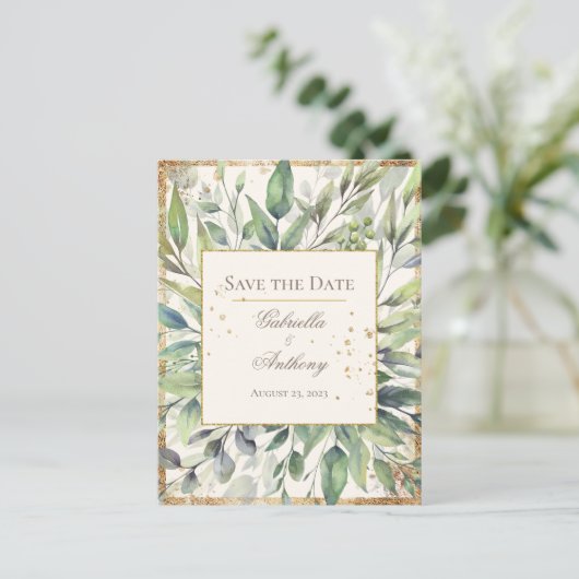Rustic Gold Greenery Waterverf Save the Date Briefkaart (Staand voorkant)