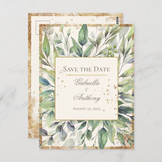 Rustic Gold Greenery Waterverf Save the Date Briefkaart (Voorkant / Achterkant)