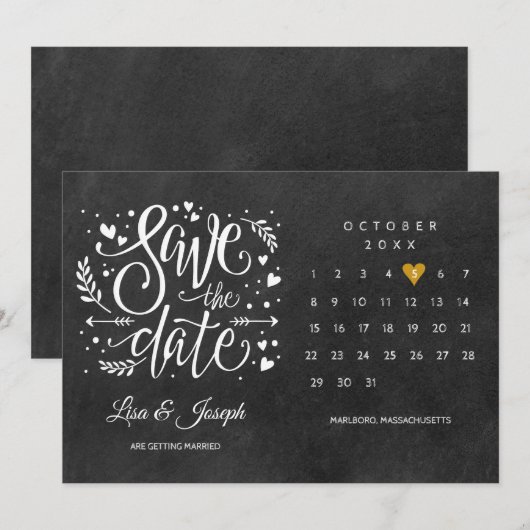 Rustic Gold Heart Calendar Save the Date Kaart (Voorkant / Achterkant)