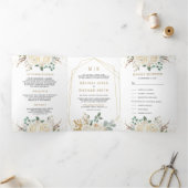 Rustic Gold Ivory Floral in één huwelijk Drieluik Uitnodiging (Binnen)