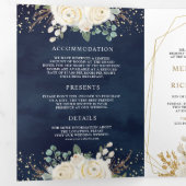 Rustic Gold Ivory Floral in één marinevrouw Drieluik Uitnodiging (Binnenzijde eerst)