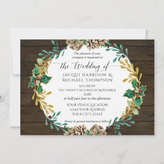 Rustic Gold kerstpine Cone Greenery Wedding Kaart (Voorkant)