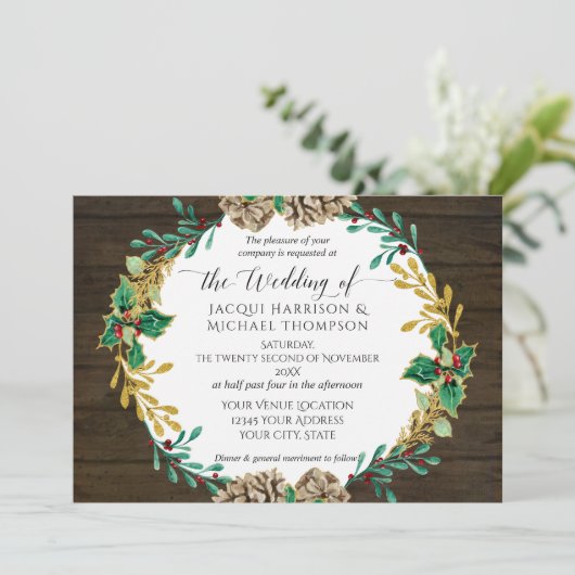 Rustic Gold kerstpine Cone Greenery Wedding Kaart (Staand voorkant)